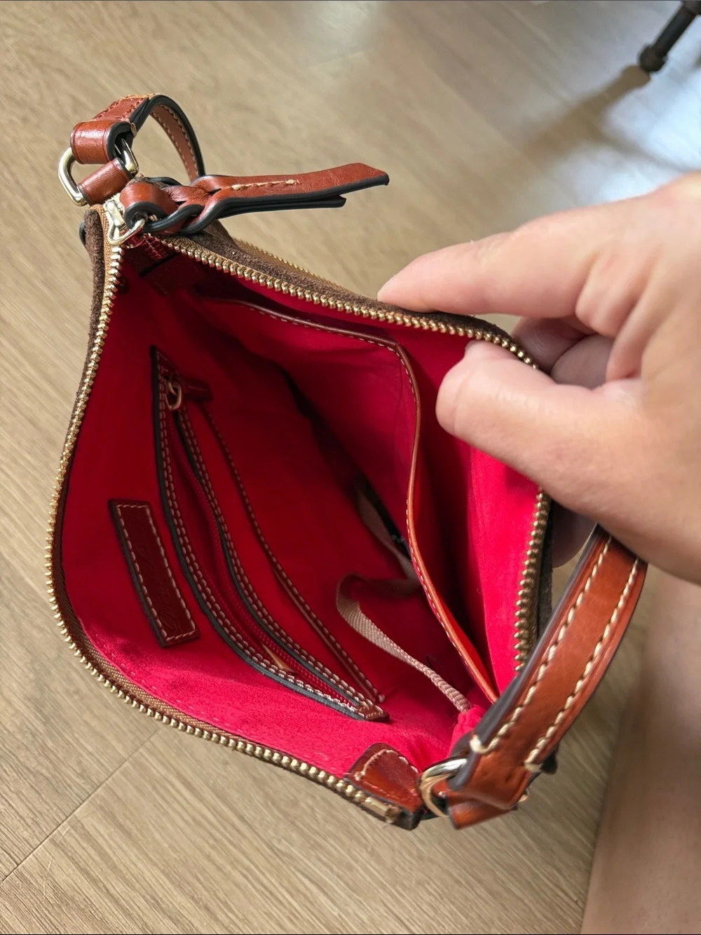 Dooney & Bourke Dark Brown Suede Messenger Bag with Tan Leather Trim